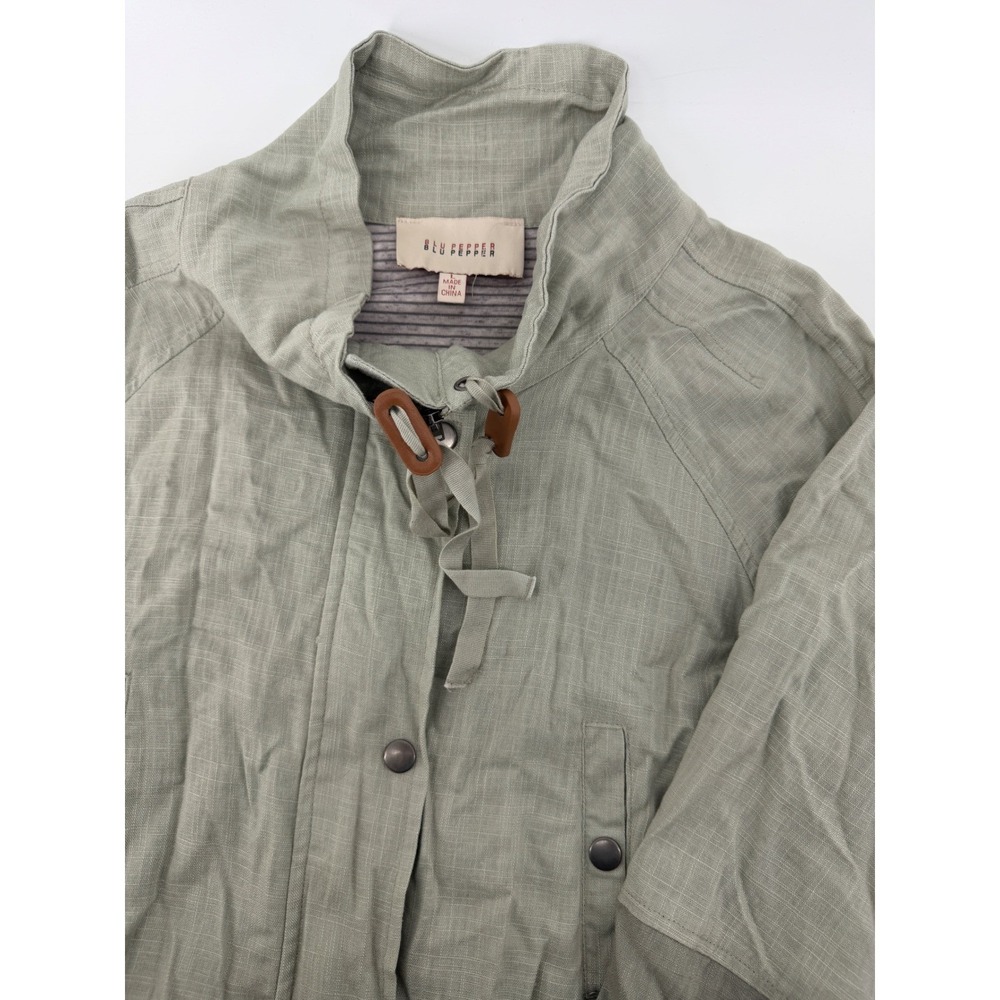Blu Pepper Sage Green Linen Blend Utility Jacket Two Tone Drawstring L BA4790